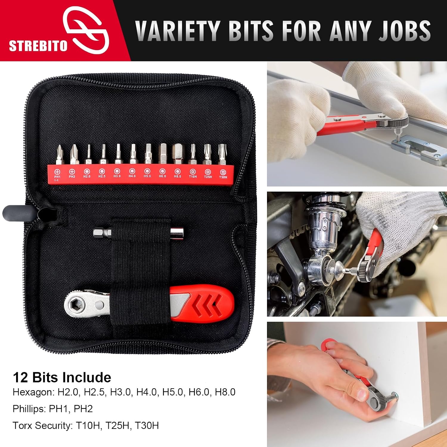 image:imageSTREBITO Right Angle Screwdriver 32Piece 14 Inch Mini Ratchet Set14 in 1 With Zipper Pouch