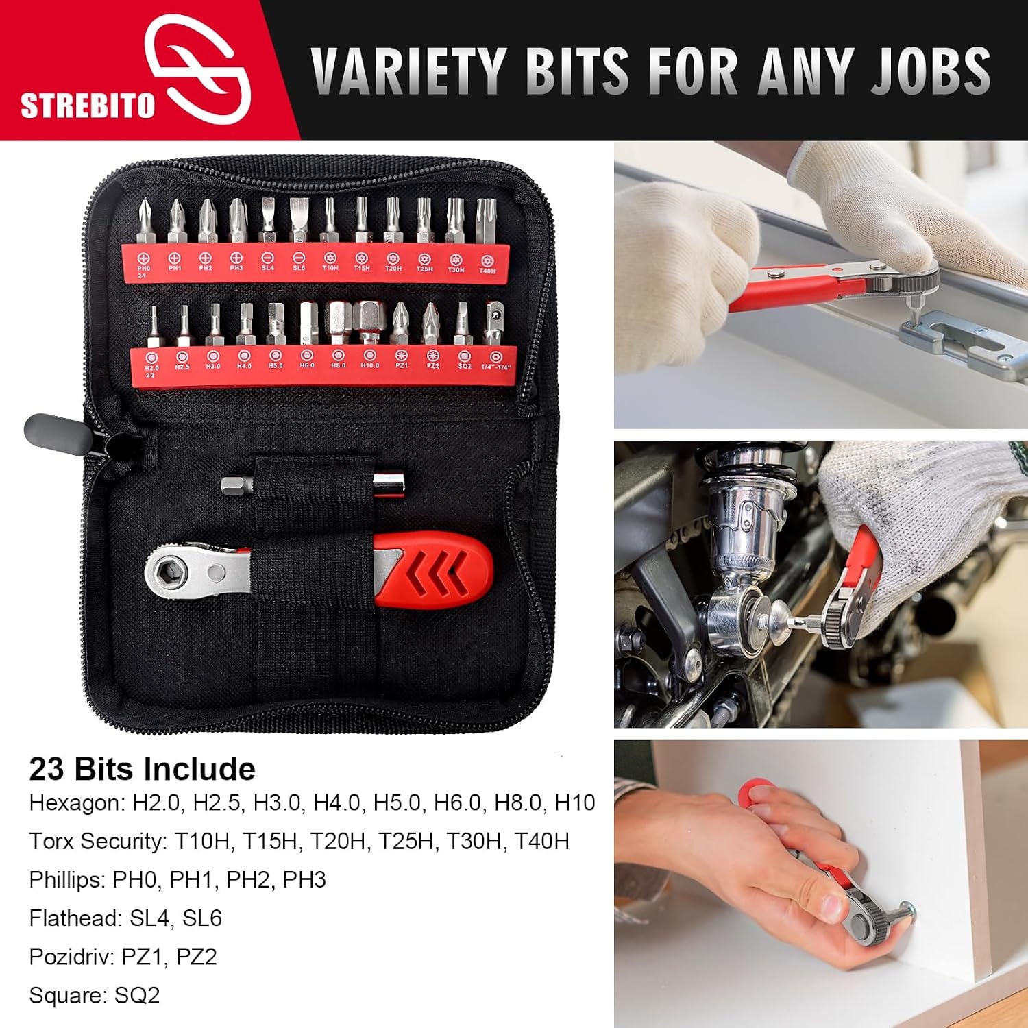 image:imageSTREBITO Right Angle Screwdriver 32Piece 14 Inch Mini Ratchet Set26 in 1 With Zipper Pouch
