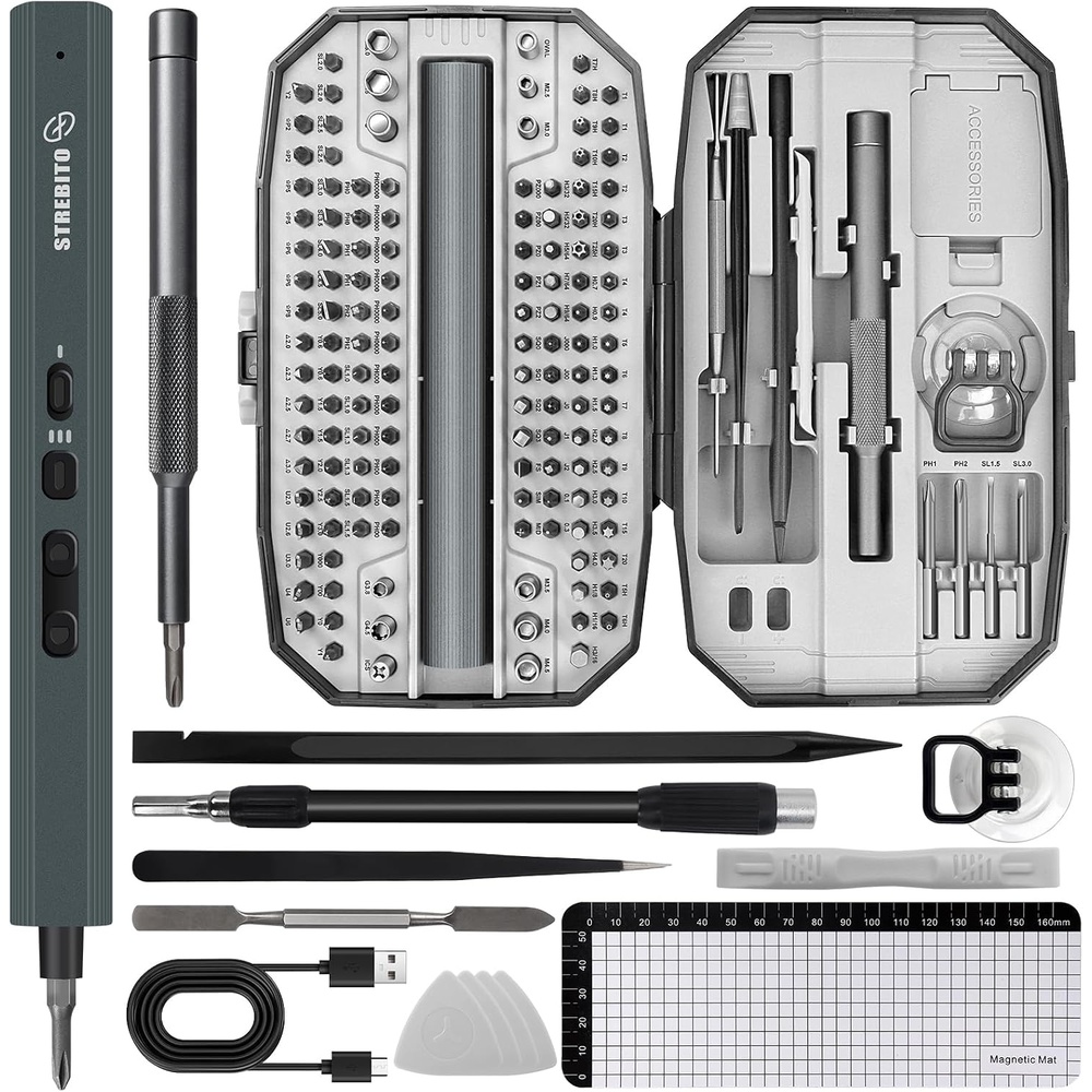 image:imageSTREBITO Mini Electric Screwdriver Set 155 in 1 Small Electric ScrewdriverGrey