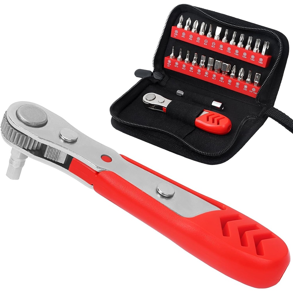 image:imageSTREBITO Right Angle Screwdriver 32Piece 14 Inch Mini Ratchet Set26 in 1 With Zipper Pouch